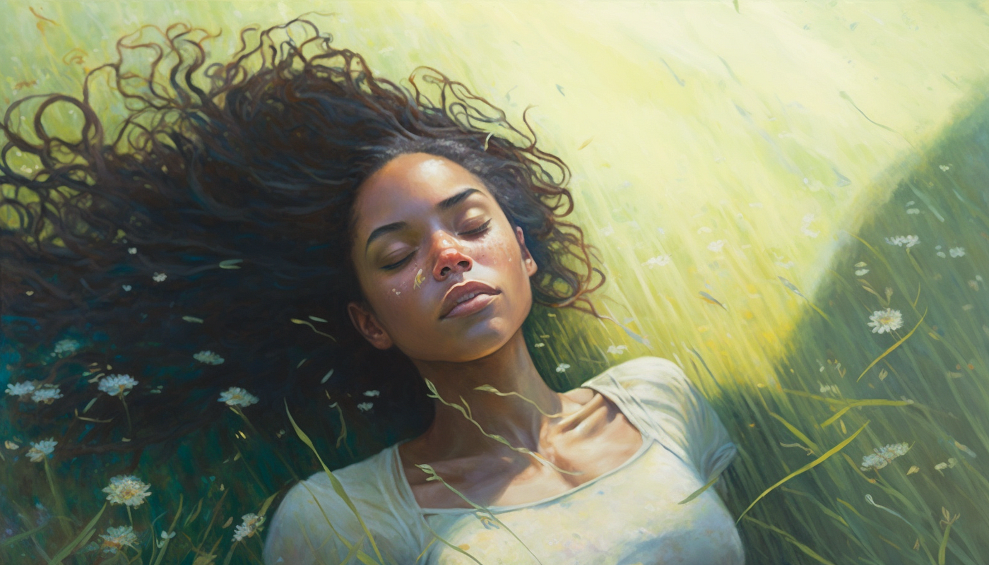 Woman relaxing in a meadow, becoming mindful of the present moment.